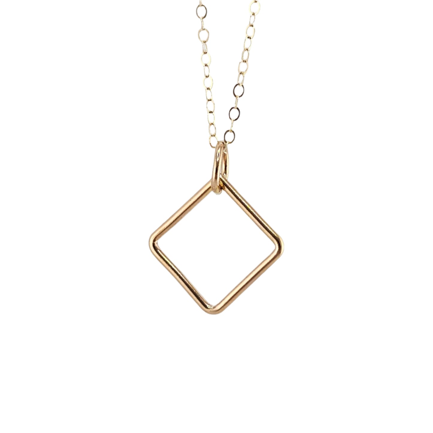 Gold Square Minimalist Pendant on chain.