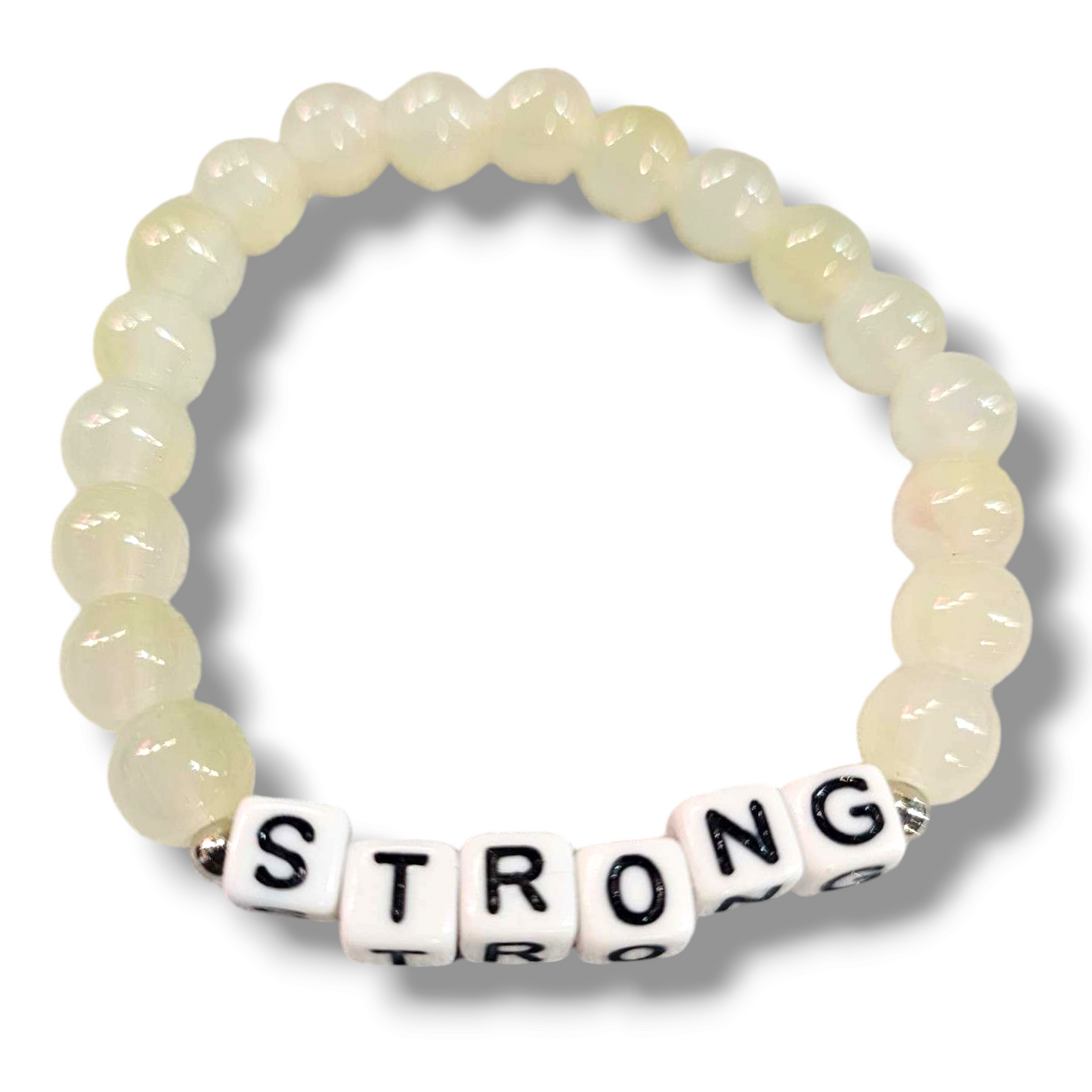 Yellow glass bead "strong" affirmation bracelet.