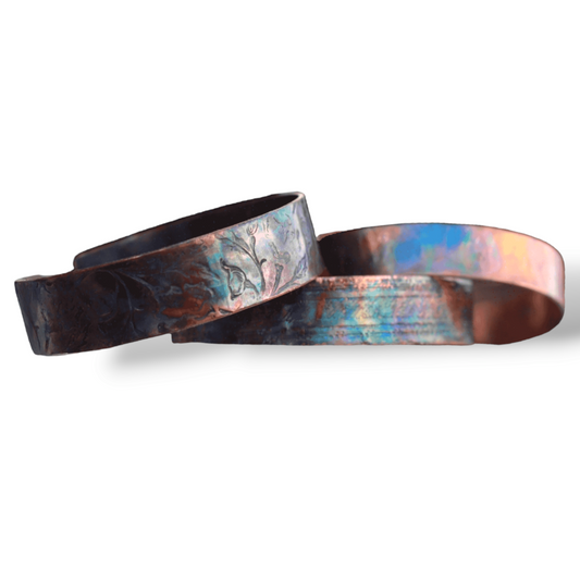 3 Copper Cuff Bracelets embosses and multicolored. 