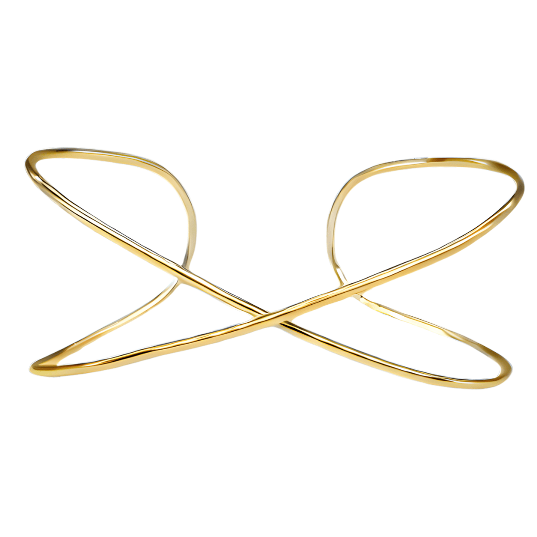 Close up of a gold criss cross infinity bracelet on a white background.