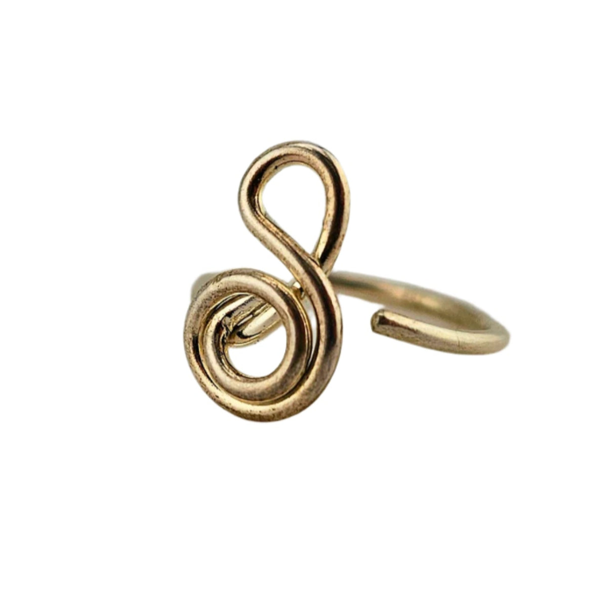 Adjustable gold ring with spirals that shape into a lowercase g for gratitude.