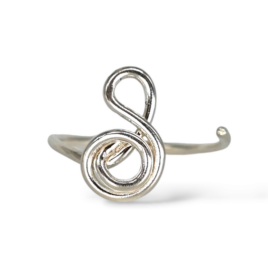 Sterling Silver adjustable ring with swirly lowercase g shape