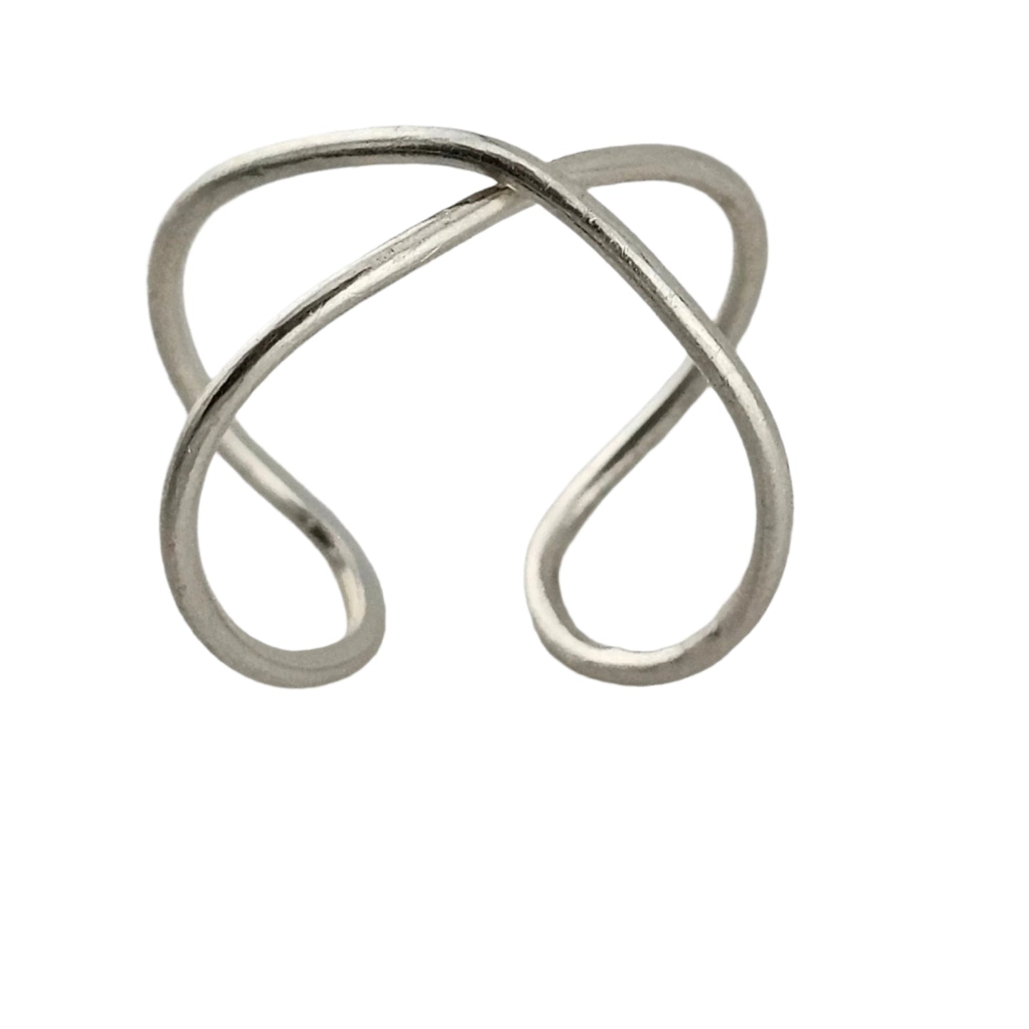 Adjustable Silver infinity ring with a white background.