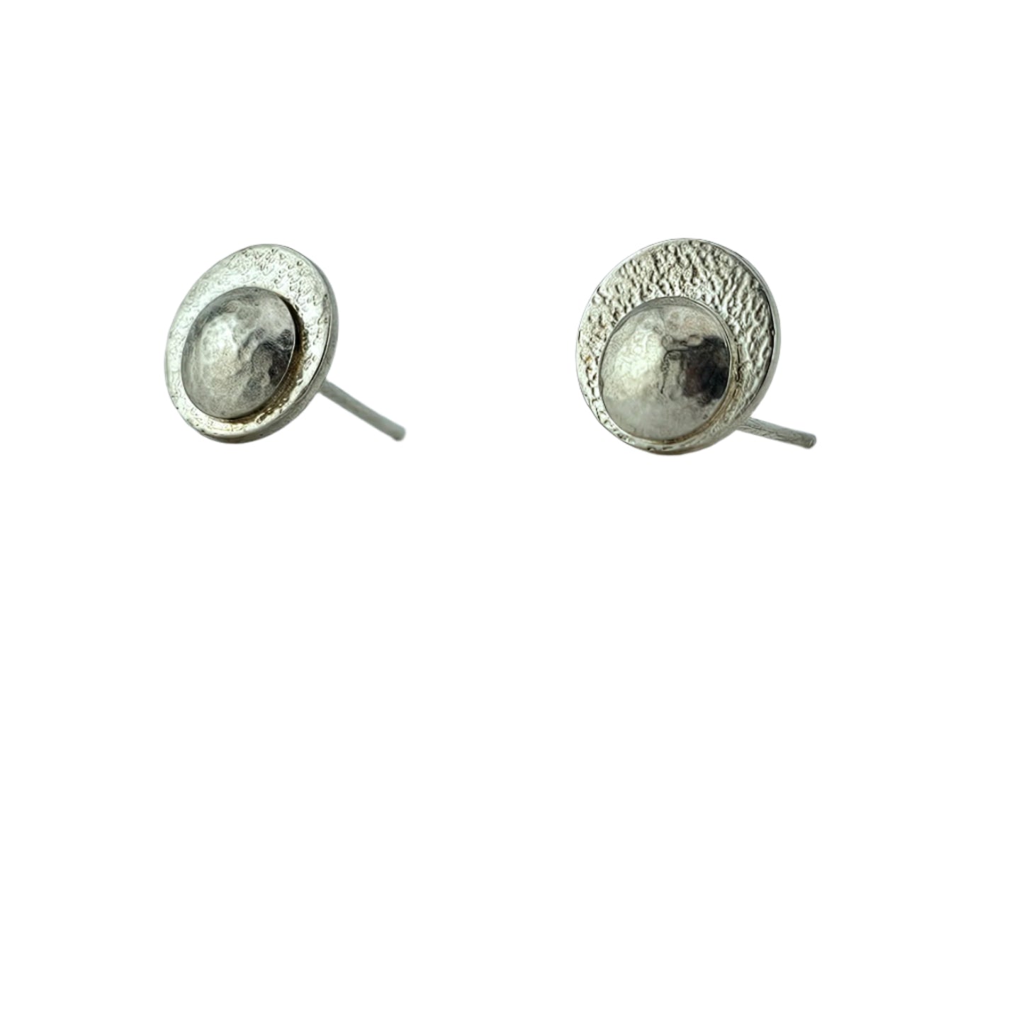 Handmade silver circle stud earrings on a white background.