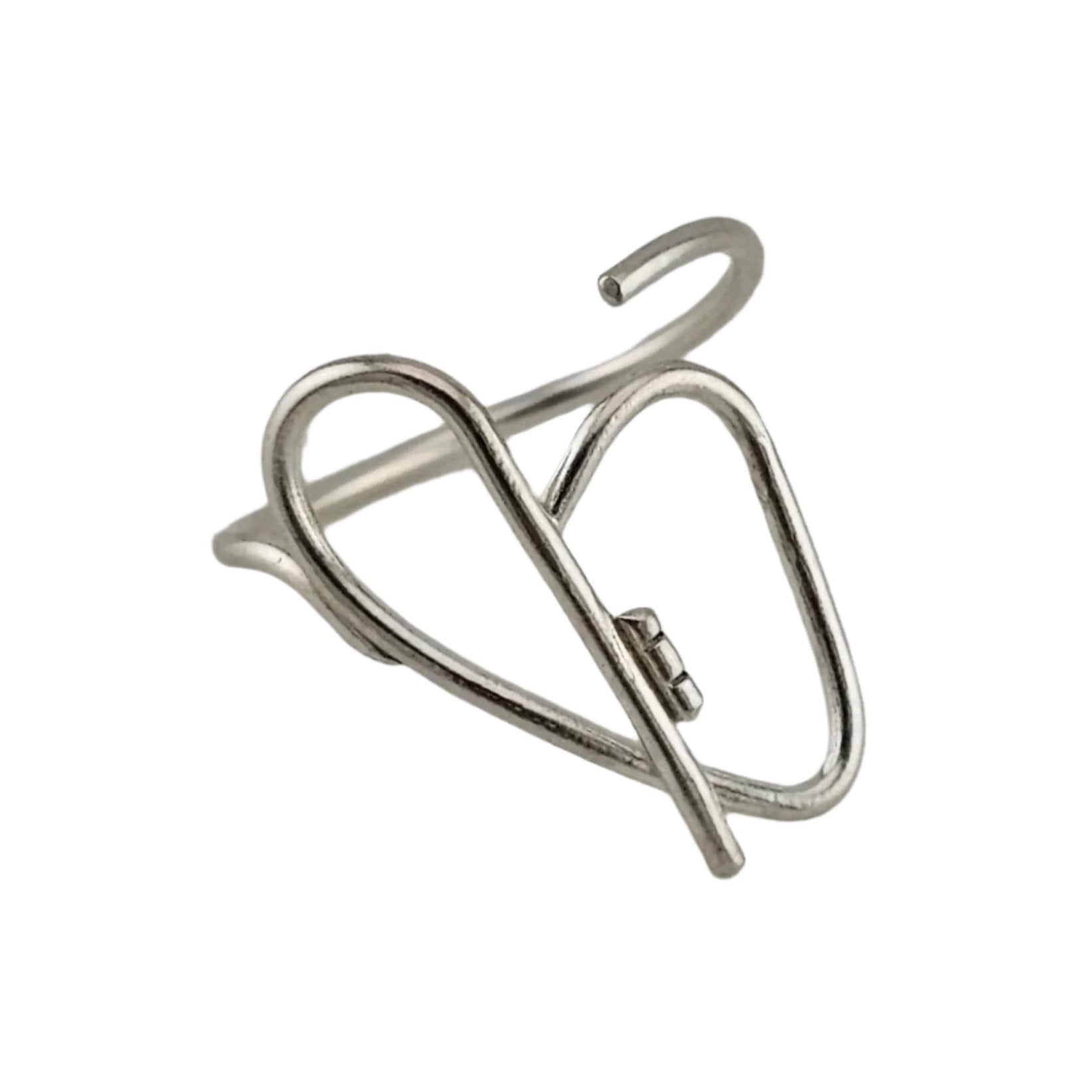 Silver Heart ring with key down the middle on a white background.