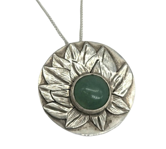 Double layer lotus flower necklace in sterling silver with aventurine crystal at it's center handmade by inspirational jewelry artist Jaclyn Nicole