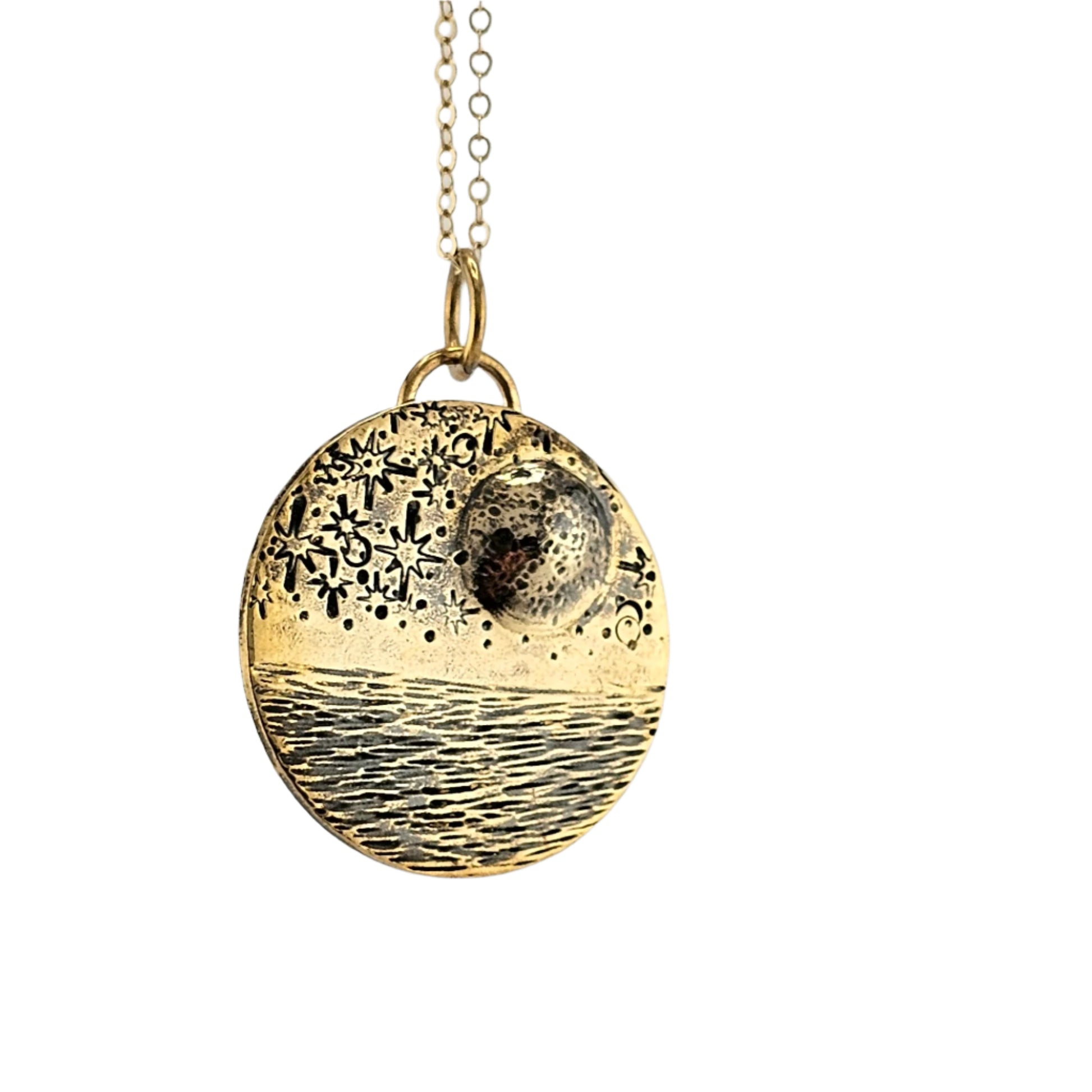 Reflections Gold Circle Moonlit Seascape Necklace on chain 