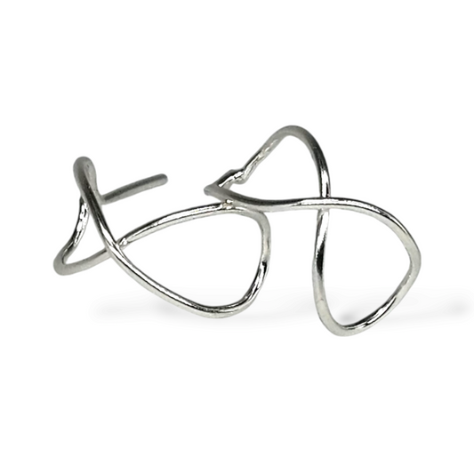 Silver Earrings with Infinity shape on a white background.