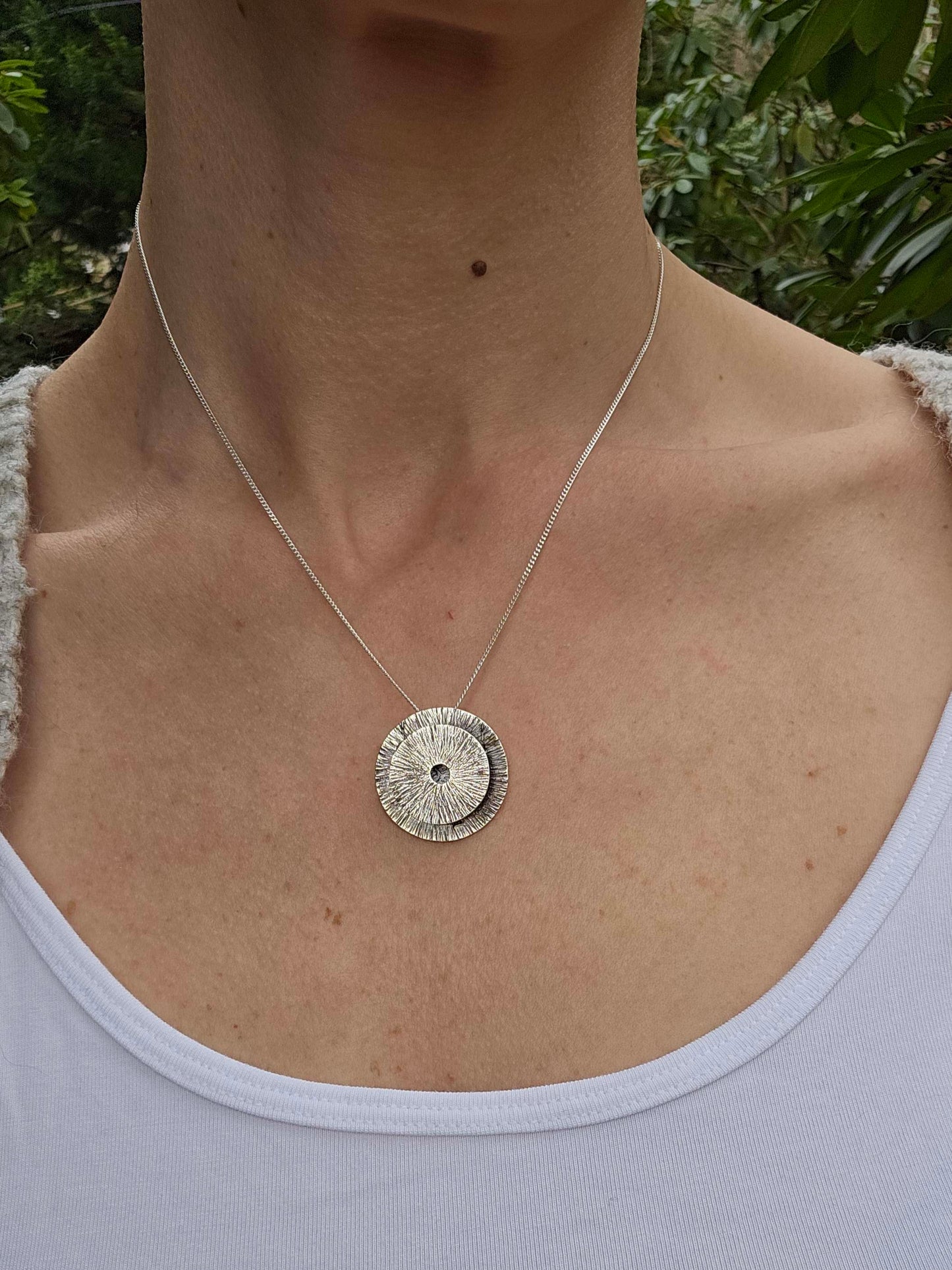 a model wearing a sterling silver pendant necklace